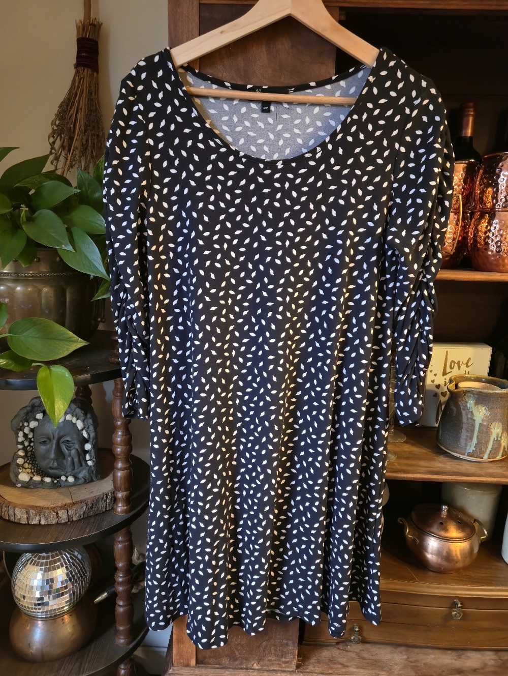 LILY MORGAN Black White A-line Swing Patterned Dress, Ruched Sleeve w Bow small